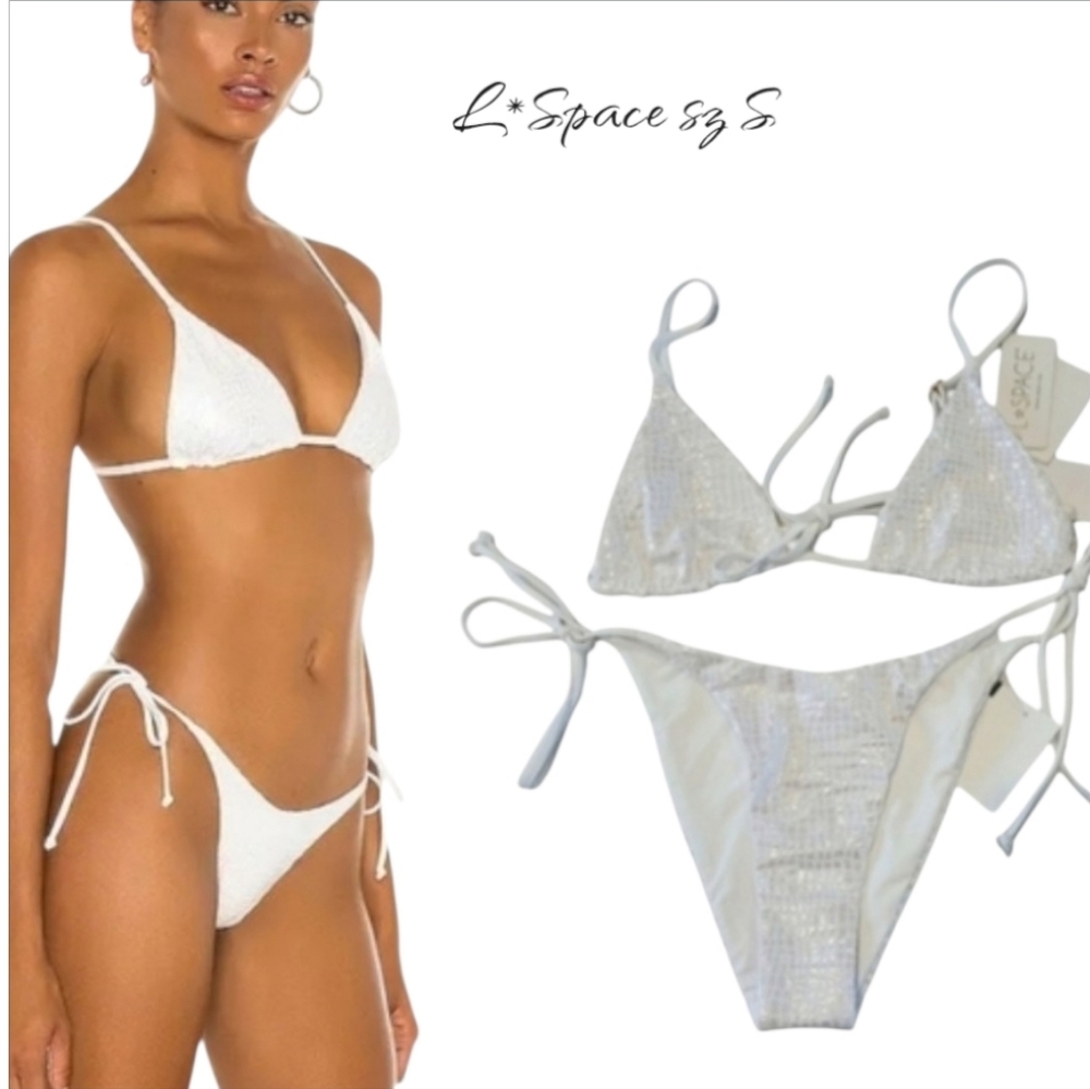 NWT L*Space Brittany White Gloss Metallic Bikini Set Top & Bottom Sz S